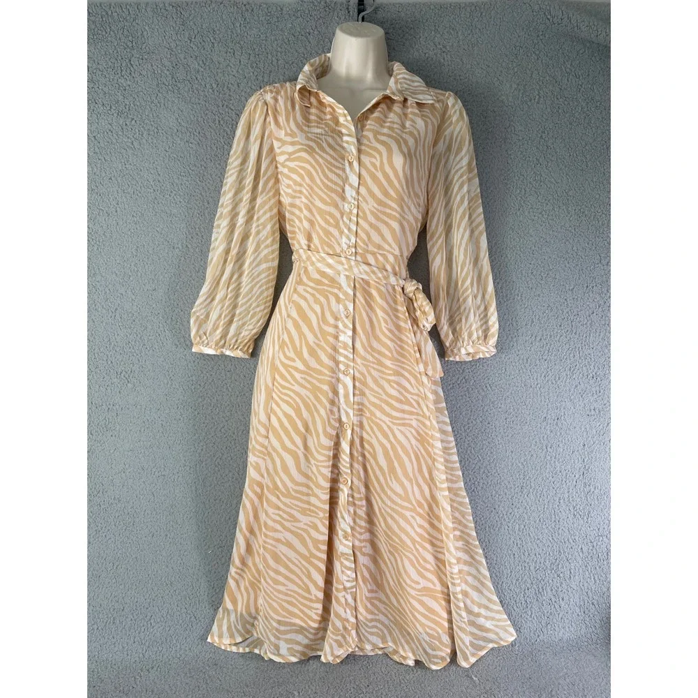 Harlow & Rose Beige Zebra Print Belted Collared‎ Midi Shirt Dress Women’s Size S